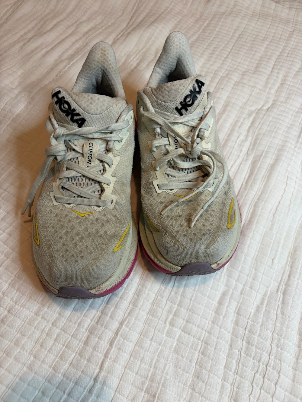 Hoka Women’s Running Shoes in Light Gray with Yellow Accents